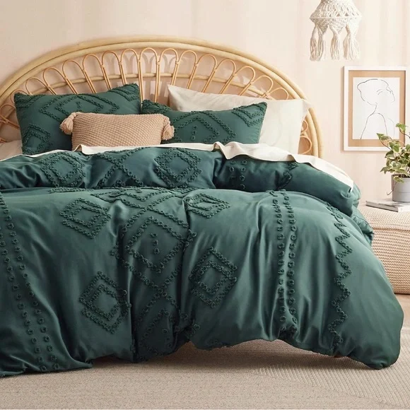 Forest green queen size tufted duvet cover and sham set - Picture 6 of 9